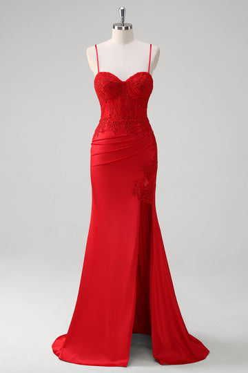 Rosso Spaghetti Straps Mermaid Satin Corsetto lungo Abito da Cerimonia con Appliques